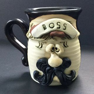 Vintage Bradford Stoneware Pottery Funny Face Mug “boss” Man With Mustache