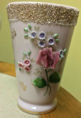 Hand Painted Lefton Vase Pink With Roses And Gold Accents And Trim