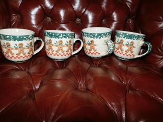 4 Folk Craft Gingerbread Man Christmas Mugs Cups Tienshan Green Spongeware