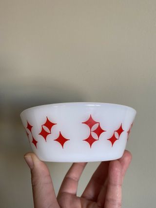 Federal Glass Cereal Bowl Red Atomic Stars Twinkle Milk Glass Diamonds Vintage
