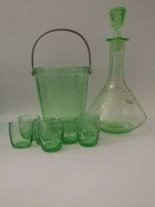 Vantage Depression Green Uranium Vaseline Glass Etched Ice Bucket Handle Set.