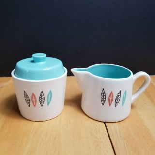 Marcrest Nordic Creamer & Sugar Bowl With Lid Turquoise Tan Black Leaves