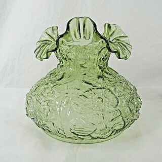Fenton Poppy Hurricane Green Glass Lamp Shade Globe Flowers Ruffled 6.  75 Fitter 2