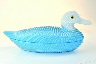 Vintage L.  G.  Wright Atterbury Blue And White Milk Glass Covered Duck Dish