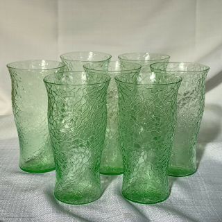 Set Of 7 Vintage Green Vaseline Uranium Crackle Glass Drinking Glasses