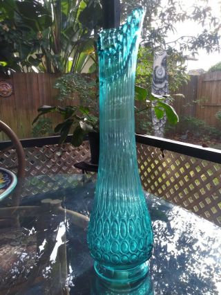 L E Smith Glass Peacock Blue Swung Vase 1000 Thousand Eyes 18 " Tall