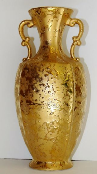 9 1/2 " Weeping Gold Pottery Handled Vase Dixon Art Studios East Palestine Oh