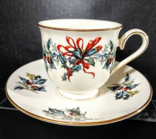 Lenox Winter Greetings Footed Cup & Saucer Holly Christmas Ivory China
