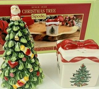 Spode Salt & Pepper Christmas Tree And Gift Box Shakers Nib Msrp $40