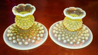 Antique Fenton Hobnail Yellow Topaz Vaseline Opalescent Candle Holders - Set Of 2