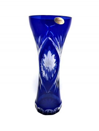 Vintage Badash Cobalt Blue Hand Cut To Clear Crystal Vase Bohemian Russian Ussr