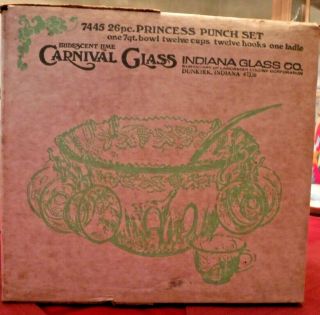 Vintage Indiana Princess Green Carnival Glass Punch Bowl Set,  Harvest Grape