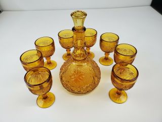 Tiara Indiana Glass Amber Decanter And 8 Wine Glasses