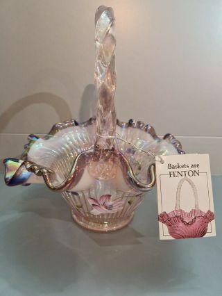 Fenton Art Glass Irridescent Pink Floral Glassware Basket Ribbon Candy Edge