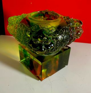 Liuligongfang Green Crystal Dragon Sculpture Bowl 2008 Signed Liuli Gong Fang