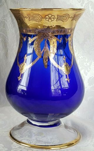 Arte Italica Medici 24k Gold Cobalt Blue Mouth Blown Glass Vase 9 "