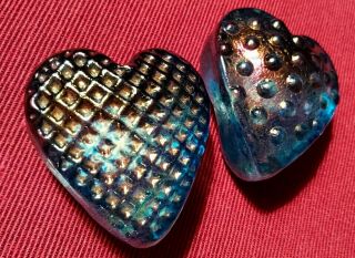 2 Robert Held Canadian Art Glass Iridescent Blue Textured Hearts Paperweight
