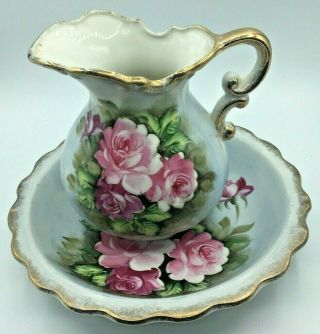 Japanese Norleans Yellow Gold Trim Roses Pitcher And Low Bowl Hand Painted