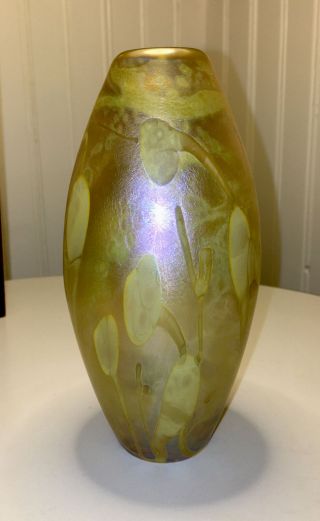 Robert Eickholt Blown Studio Art Glass Iridescent Hand Vase Approx.  6” X 3”
