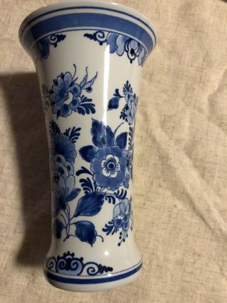 Delft Pottery Vase Signed Blue & White 7 1/4 " Floral Koninklijke Porceleyne
