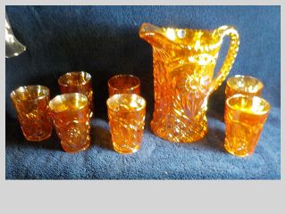 Imperial Peacock Carnival Glass Mayflower Water Set - Pitcher & 7 Tumblers