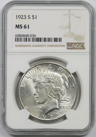1923 - S Peace Dollar Silver $1 Ms 61 Ngc