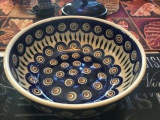 Boleslawiec Polish Pottery 8 " X 3”peacock Bowl Handmade Poland Blue Beige