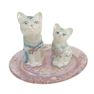 Fenton White Iridescent Floral Cat And Kitten With Pink Under Plate Signed