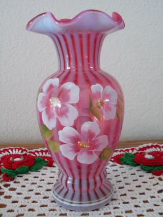 Fenton Hand Painted Flowers On Cranberry Opalescent Rib Optic Vase