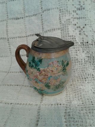 Antique Flowered Majolica Syrup Pitcher With Pewter Lid