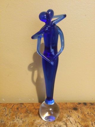 Murano Glass Lovers Embrace Kissing Couple Blue Figurine Sculpture Round Base