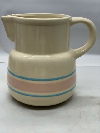 Vintage Mccoy Pottery 132 Milk Pitcher,  Cream Color With Blue & Pink Stripes