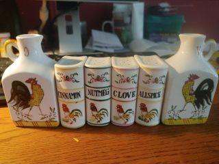 Oil And Vinegar & 4 Spice Containers By Ucagco Rooster & Roses Japan