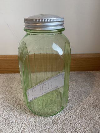 Large 40 Oz.  Hoosier Green Ribbed Depression Glass Canister Jar - 8 " Sugar