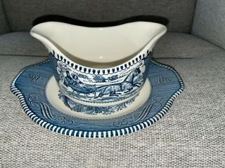 Vintage Currier And Ives Royal China Gravy Boat And Plate Blue Gently