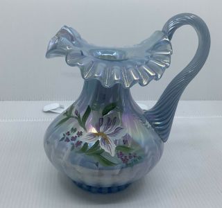 Fenton Glass 5440 Ls Irises On Misty Blue Opalescent Ribbed Optic Pitcher Hp