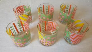 Set Of 6 Vintage Mid Century Mod Mcm Barware Cocktail Glasses Flowers Colorful