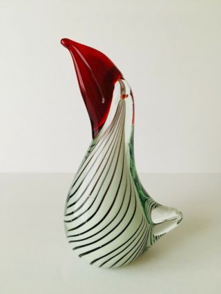 8 " Hand Blown Art Glass Pelican Bird Figurine Sculpture White Red Black Stripes