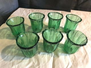 7 Dell Co.  " Tulip " Green Depression Glass 2 3/4 " Juice Tumblers Late 1930s - 1940s