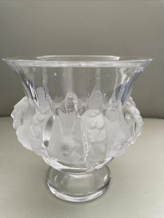 Lalique France Dampierre Frosted Crystal Sparrow Bird & Vine Art Glass Vase