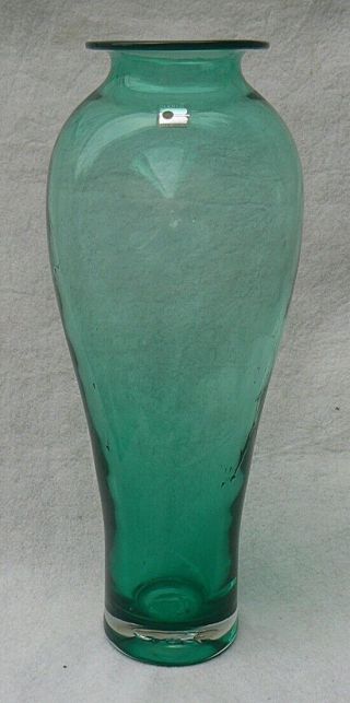 Vintage 16 " Blenko Green Pinched Blown Glass Vase