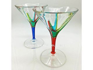 " Positano " Martini Glass Pair - Red & Blue - Hand Painted Venetian Glassware