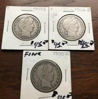 1907 - D,  1906 - D,  1900 - S Silver Barber Half Dollars In Top