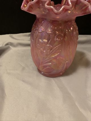8 " Fenton Daffodil Vase Pink Opalescent Cased Glass Double Crimped Ruffled Rim