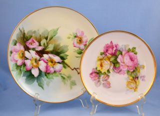 Antique 2 German Hand Painted Porcelain Plates Pink Flowers