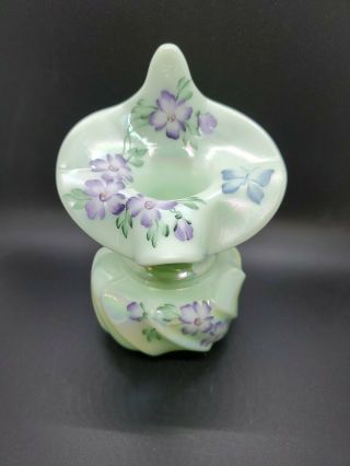 Fenton Green Opalescent Art Glass Hand Painted Floral Jack In The Pulpit Vase