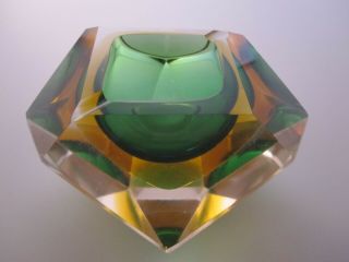 Murano Sommerso Faceted Geode Bowl In Green,  Amber & Clear.  Vgc.  Ref 452