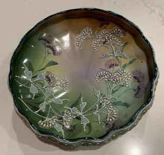 Vintage Hand Painted Nippon Footed Bowl,  Green,  Lavender,  Coral Ombre,  Textured