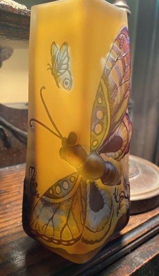 Exceptional Modern Romanian Cameo Acid Cut Back Vase With Butterfly Motif