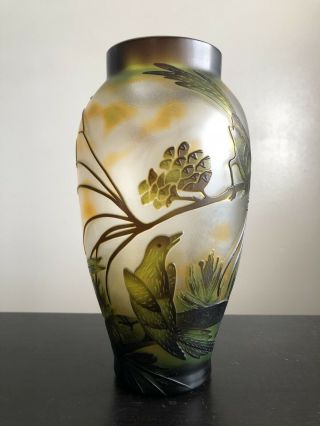 Fine Galle Style Vase Art Nouveau Glass Cut Cameo Of Birds Branches Foliage
